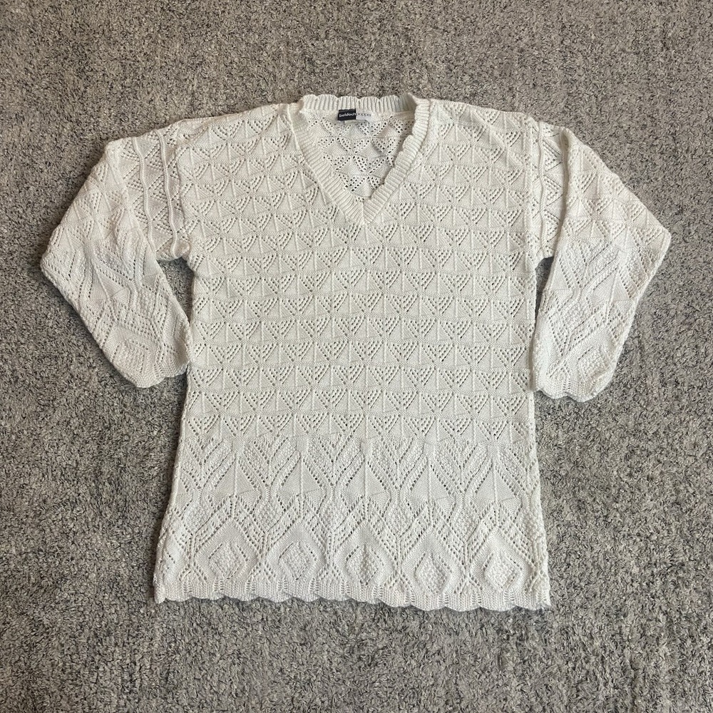 Beldoch Popper Vintage 90s Sweater USA Womens Medium Ivory Open Knit Longsleeve